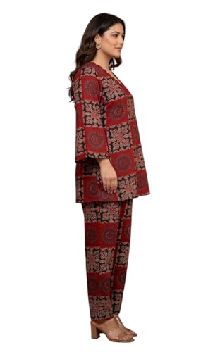 Image of Cotton Block Print Co-ord Set, Maroon and Black, V-Neck Top with Matching Pants