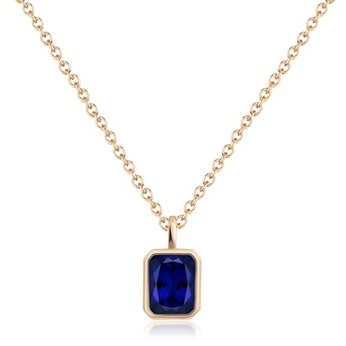 Sapphire Necklaces 14K Gold Dainty Rectangle Necklace Birthstone Navy Blue Pendant Necklaces for Women - Main Image