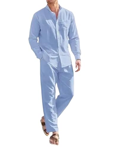 Conjunto de dos piezas de traje deportivo azul cielo para hombre, ropa de playa, de lino, holgada, de manga larga, pantalones de trabajo, azul celeste, XL
