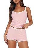 Cioatin Women 2 Piece Ribbed Y2K Pajama Set Sleeveless Lace Patchwork Crop Cami Tops and Shorts Lounge Sleepwear PJ Set Pink, Small