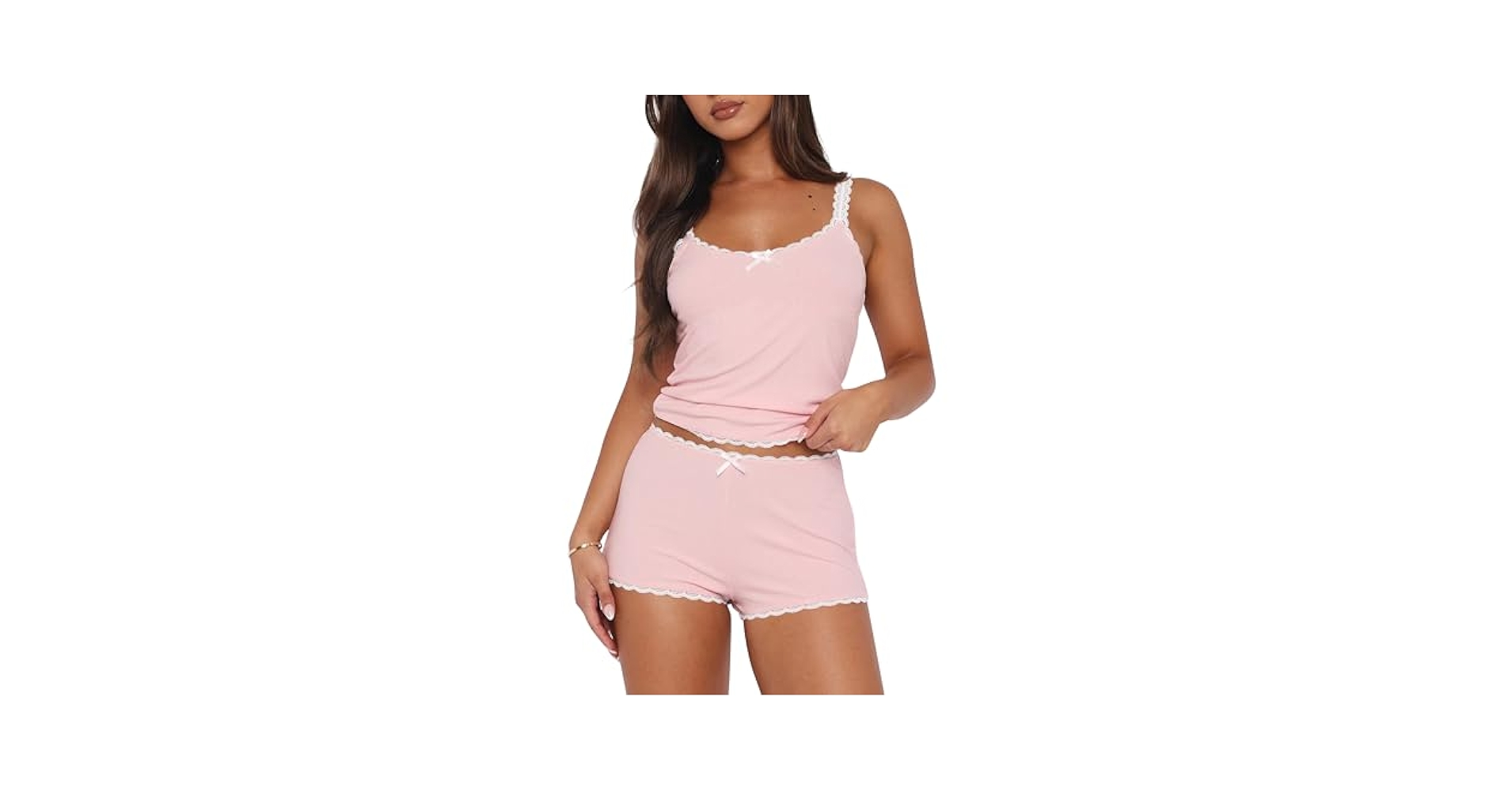 Cioatin Women 2 Piece Ribbed Y2K Pajama Set Sleeveless Lace