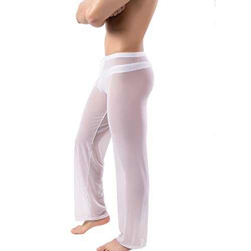 Qiati Sexy Mens Pajamas Thong Suit Men's Mesh See Through Underwear Pajama Pants Home Lounge Nightwear Thong Cotton #TOP3