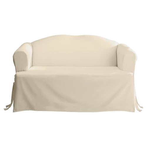 SureFit Home Décor Cotton Duck Solid T-Cushion Loveseat One Piece Slipcover, Relaxed Fit, 100% Cotton, Machine Washable, Natural Color