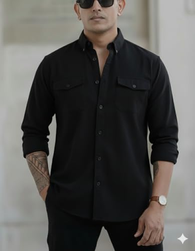 Image of Men's Black Casual Shirt, Long Sleeve, Dual Chest Pockets, Button-Down Collar