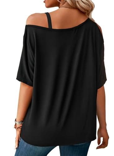 LEIYEE Womens Summer Black Cold Off Shoulder Tops 2025 Sexy Casual Cute Short Sleeve Loose Fit T Shirts Blouse2