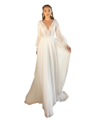 Boho Puffy Long Sleeve Wedding Dress V-Neck Chiffon Beach Bridal Gowns
