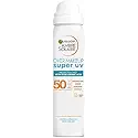 Garnier Ambre Solaire SPF 50 Super UV Over Makeup Mist for Face, High Protection Against UVA & UVB, Hyaluronic Acid, Light Texture Non Greasy Spray, Invisible Finish, Protects & Hydrates Skin, 75ml