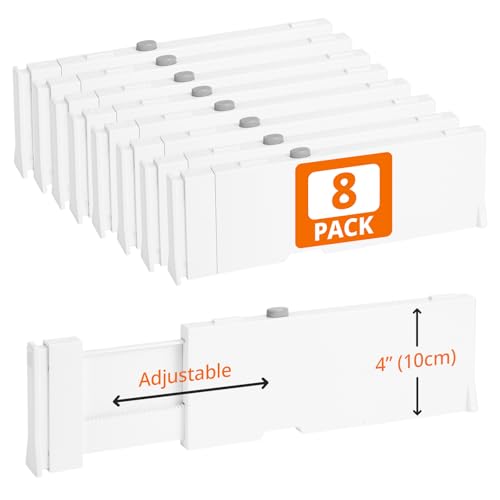 8 Stück 10cm Hohe Schubladenteiler, 28-43cm Schubladentrenner Verstellbar, Küchen Organizer Schublade, Warmweiße Schubladen Trenner für Babykleidung, Eitelkeit, Kosmetik, Küche und Büroaufbewahrung
