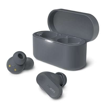Philips Audio - Philips TAT3509GY Auriculares Inalámbricos Bluetooth con Cancelación de Ruido - Pequeños  Sonido Natural  Graves dinámicos  Estuche de Carga de Bolsillo  Llamadas claras - Gris