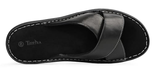 Image of TIESTRA Mens Napa Leather Slides Sandals Soft Cushion Dress Sandals with Memory Foam Footbed Comfortable & Lightweight Summer Beach Indoor & Outdoor Slip On Casual Footwear Black EU42 US9