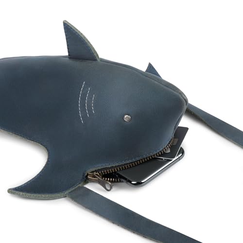 Image of Shark-Shaped Shoulder Bag with Adjustable Strap, Crossbody Bag, Messenger Bag, Full Grain Leather, Handmade
