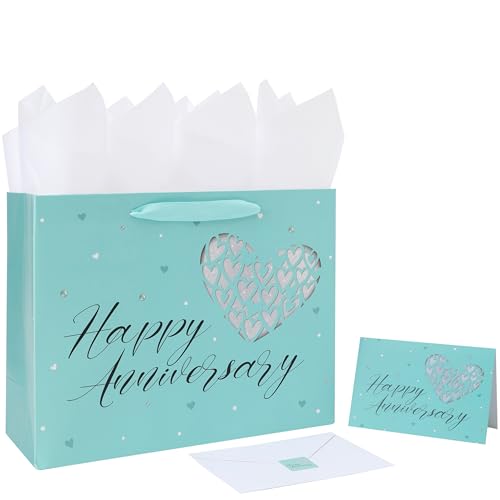 13 Large Anniversary Green Gift Bag Set with Handles Greeting Card Tissue Papers and Stickers for Women Men Husband Wife Boyfriend Girlfriend or Romantic Partner Heart Design 1 Pcs