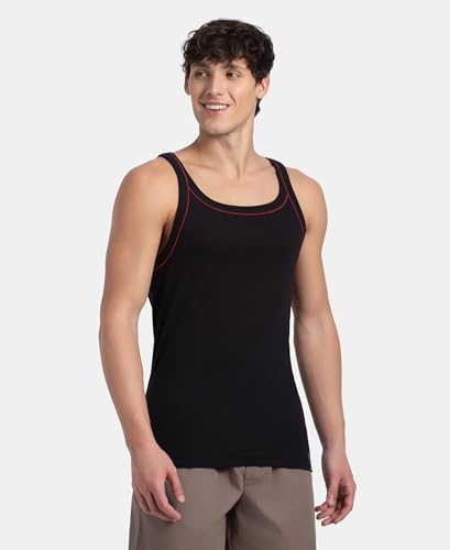 Image of Jockey US54 Men's Super Combed Cotton Rib Square Neckline Gym Vest with Back Panel Graphic Print (Shoulder Starp Color May Vary)