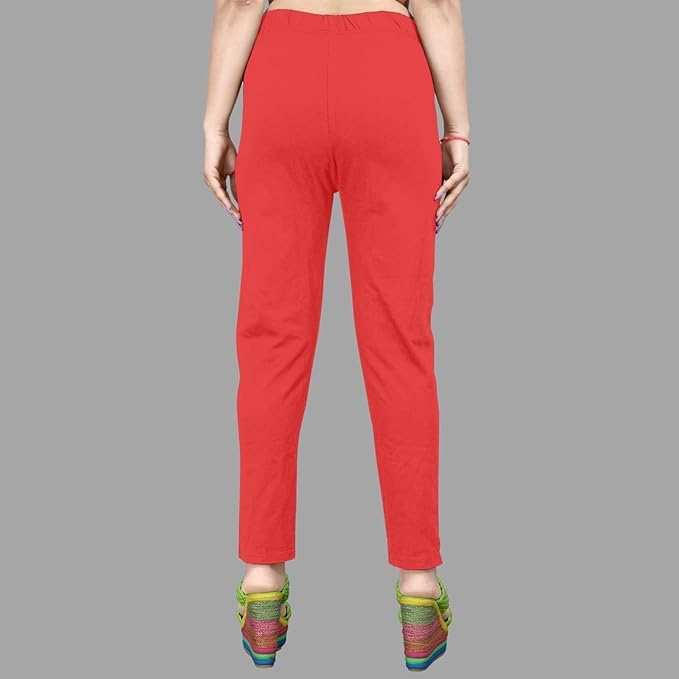 Image of Women's Solid Cotton Lycra Pants-High Waist Slim Fit Stretchable Leggings - Comfortable Long Trousers for Casual, Office & Everyday Wear