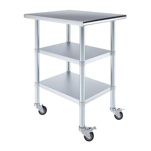 Image of AmGood Stainless Steel Work Table with 2 Shelves and Casters (Stainless Steel Work Table with 2 Shelves + Casters, 24 inch Long x 30 inch Deep)