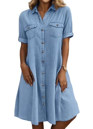 chouyatou Women's Summer Short Sleeve Denim Shirt Dress Business Casual Button Down Midi Long Jean Dress (Large, Light Blue)