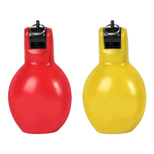 2x ハンドスクイーズホイッスル 大音量スポーツホイッスル ハイキング 屋内 屋外用 イエローとレッド 黄色と赤 12x6.5 cm