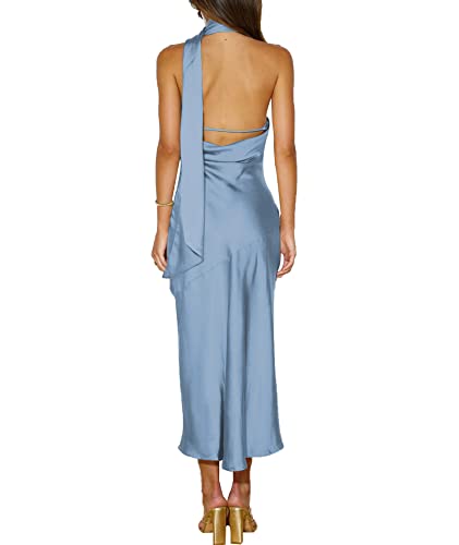 Image of Sexyshine Women's Elegant Halter Tie Neck Sleeveless Satin Long Dress Backless Split Cocktail Party Formal Wedding Maxi Dress