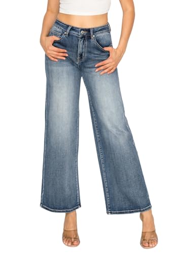 High Waist Stretchy Wide Leg Jeans for Women Mid Blue Denim Pants Raw Hem Casual Outing