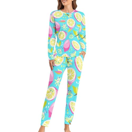 Pyjama femme Citrons Roses avec t-shirt manches longues et pantalon de nuit