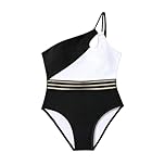 Generisch Stylish Off Shoulder Monokini Swimsuit for Teen Girls with Fashion Contrast Swim Design and Cut-Out Detail, black, 12-13 Years