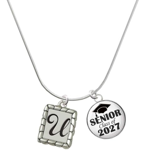 Delight Jewelry Silver Plated Pebble Border Initial - U - Senior Class of 2027 Dome Necklace, 18"