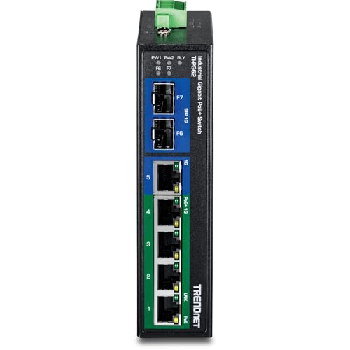 Image of TRENDnet 7-Port Industrial Gigabit PoE+ DIN-Rail Switch, TI-PG62, 120W PoE Power Budget, 14Gbps, IP50 Rated, NDAA & TAA Compliant, Ethernet Splitter, Lifetime Protection