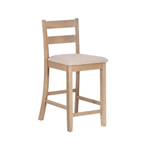 Linon Torino Greywashed Soild Wood Soho Counter Stool with Beige Upholstered Seat