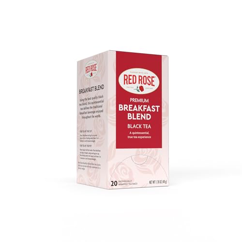 Red Rose Breakfast Tea Specially Blended Strong Robust Black Tea with 20 Individually Wrapped Tea Bags Per Box Contains Caffeine Brew Hot Full Flavored Black Tea