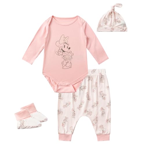 Disney Minnie Mouse Baby Girls Clothing Outfit Set Bodysuit with Booties, Hat, and Pants 4 Piece Set for Infant