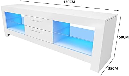 130CM TV Stand Cabinet with 2 Drawers, LED Lights Wooden TV Unit with Shelves Storage, White High Gloss TV Stand Living Room Entertainment Center Media Furniture for 50 Inch TV