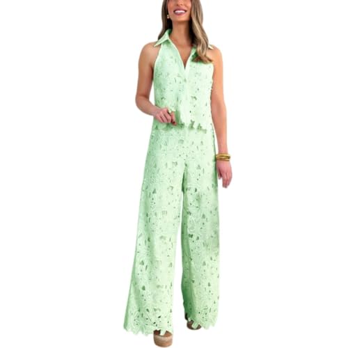 Conjunto de encaje mujer de dos piezas calado floral con pantalón ancho verano cintura alta
