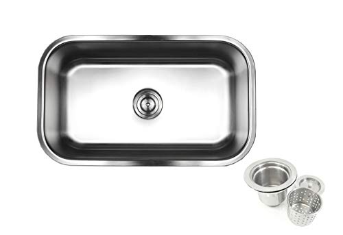 Kingsman 30 inch 18 Gauge Stainless Steel Undermount Single Bowl Kitchen Sink 10 inch Deep (Sink with Strainer)