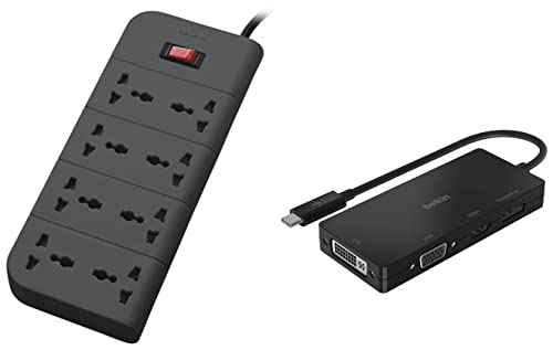 Image of Belkin USB-C Multi Port Display Adapter (with Tethered USB-C Cable) - Connectivity for USB-C to DVI Port, VGA Port, 4K HDMI Port & Essential Series F9E800zb2MGRY 8-Socket Surge Protector