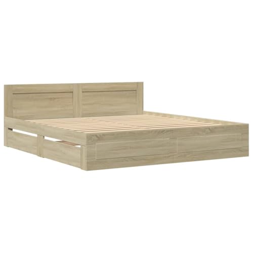 vidaXL Bettgestell, Bett mit Kopfteil, Bettrahmen mit Lattenrost, Doppelbett Schlafzimmerbett mit Stauraum, Sonoma-Eiche 200x200cm Holzwerkstoff vidaXL Bettgestell, Bett mit Kopfteil, Bettrahmen mit Lattenrost, Doppelbett Schlafzimmerbett mit Stauraum, Sonoma-Eiche 200x200cm Holzwerkstoff
