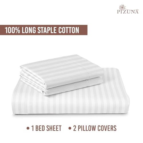 Image of Pizuna 100% Cotton Bedsheet Super King Size with 2 Pillow Covers, 300 Thread Count Long Staple Cotton, Stripes Pattern Flat Bed Sheet 108X108 Inch for Superking Bed, White