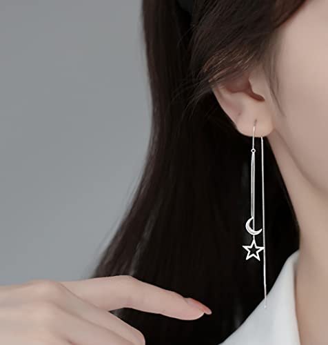 Reffeer Solid 925 Sterling Silver Moon Star Threader Dangle Earrings Chain for Women Teens Long Dangle Earrings Tassel Chain2