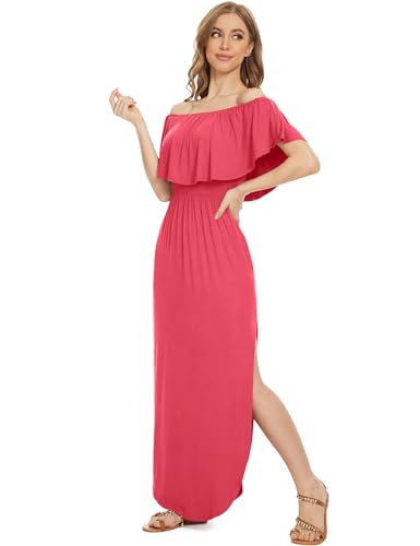 Image of LILBETTER Womens Off The Shoulder Ruffle Party Dresses Side Split Beach Maxi Dress