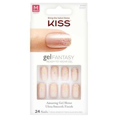 KISS Gel Fantasy Collection Glue-On Manicure Kit, Rush Hour, Long Length Square Fake Nails Includes 28 False Nails, Nail Glue, Nail File, and Manicure Stick