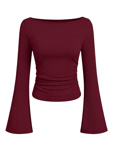ANRABESS Women Bell Long Sleeve Shirts Boat Neck Top Wine Red X-Small
