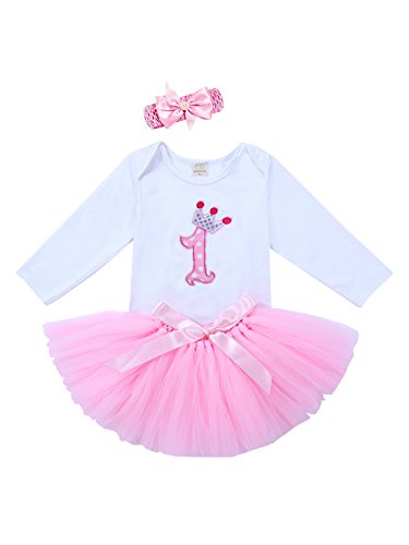 URBEAR 3pcs Bébé Filles Jupe de 1er Anniversaire Romper + Bandeaux + Tutu Rose Manches Longues Tenues Ensemble, 12-24 Mois Cover