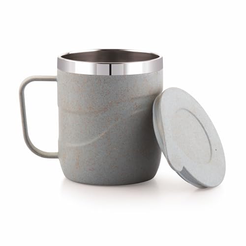 Image of ATTRO Brew Mug - Stainless Steel Inner with eco Friendly Outer Body Durable & Stylish, Microwave Safe Coffee /Tea Mug with Handle & Lid, Ideal for Home, Office, Travel & Gifting - 300ml - Pastel Grey