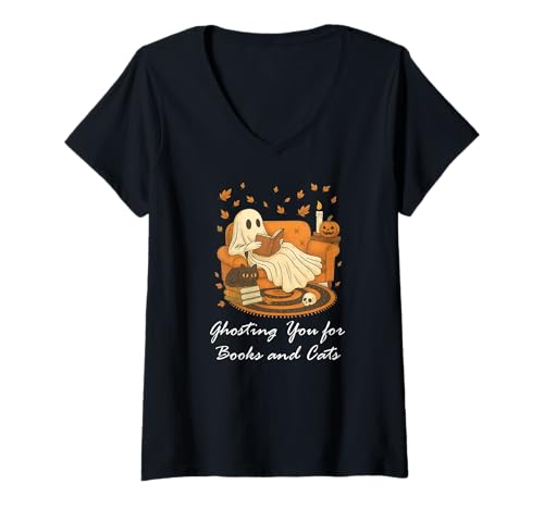 Femme Ghost Reading Book Fall Black Cat Ghosting for Books Bookish T-Shirt avec Col en V