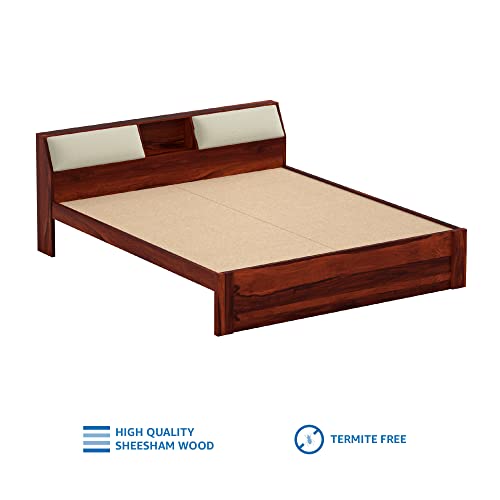 Image of Solid Wood Cazz King Size Bed with Headboard Storage | Palang Cots Wooden Double Beds for Bedroom, Living Room, Hotel and Home (Honey Finish)