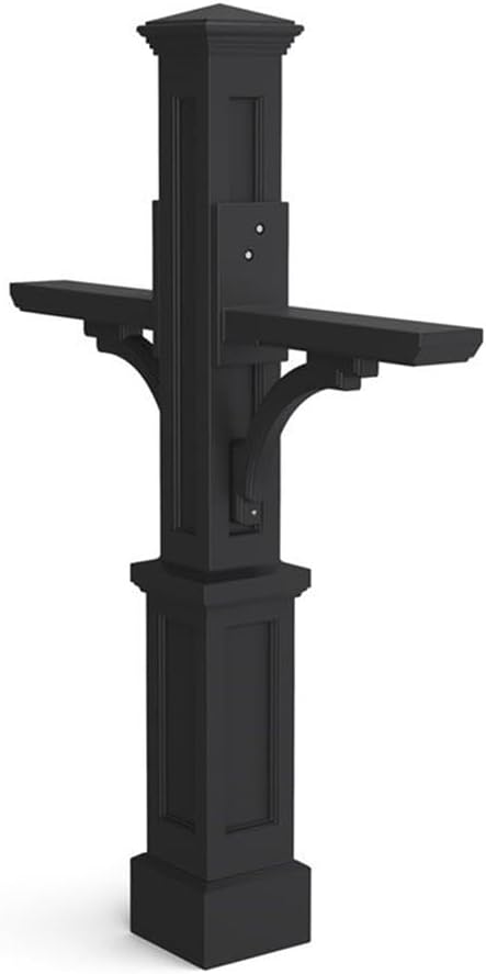 Pemberly Row Contemporary Double Plastic Mail Post, 56.5" H x 41" W x 8" D, Black Finish, UV-Resistant Polyethylene Resin, Decorative Sleeve with 2 Support Arms, Weatherproof Mailbox Accessory