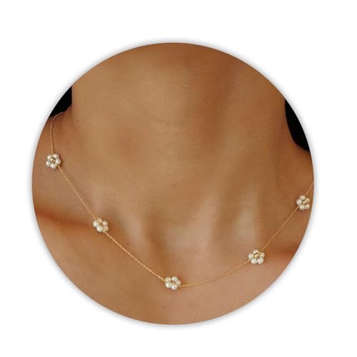 SmileBelle Daisy Pearl Necklace, Dainty Pearls Choker Necklaces for Women's