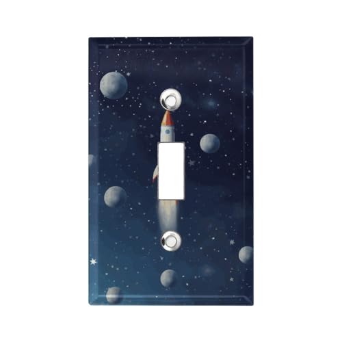 Rocket in Space 1-Gang Light Switch Cover Wall Plates Single Toggle Switch Plate Decorative Metal Wall Plate For Kitchen Farmhouse Bedroom Bathroom Art Decor