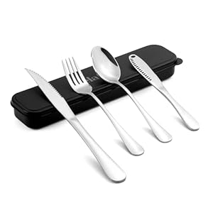 Travel Cutlery Set with Case Portable Silverware Utensils Set,5-pieces Stainless Steel Reusable Flatware Set Cutlery Set for Camping Picnic Hiking Office, Dishwasher Safe (silver, 5.9)