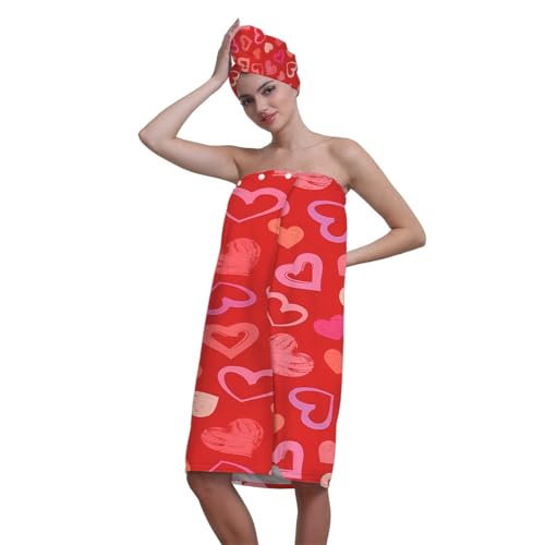 Surwin 3D Toalla de Sauna para Mujer, Suave Juego de Toallas de Baño, Vestido de Toalla de Baño Mujer Banda Elástica Ajustable con Toalla Pelo para SPA Playa (Corazón Rojo)