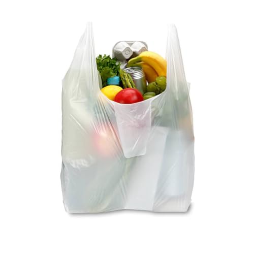 Plastic Disposable Grocery Bags Heavy Duty 45cm X 50cm 1Kg Reusable Shopping Bags Tear Resistant & Eco Friendly Convenient Carry Handles 100% Recyclable White 100 Bags (Medium)